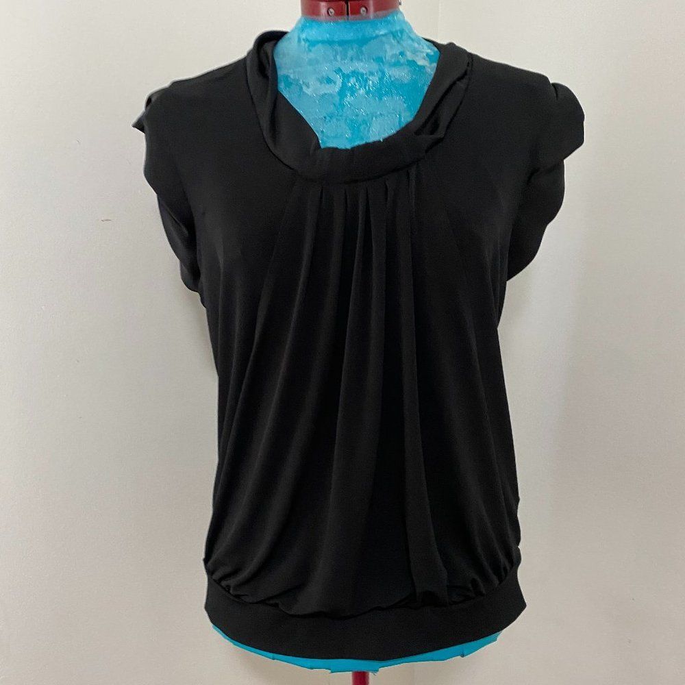 Worthington Stretch Sleeveless Satin Trim Pleated Womens Top Size L